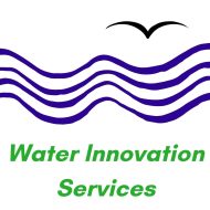 Visual: Black Bird flying above 4 blue waves Text: Water Innovation Services